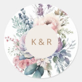 Waterverf Pastel Bloemen Monogram Bruiloft Ronde Sticker (Voorkant)