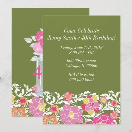 Waterverf Pastel Bloemen Verjaardagsuitnodiging Kaart (Voorkant / Achterkant)