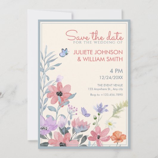 Waterverf pastel bloemen vlinder bruiloft save the date (Voorkant)