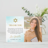 Waterverf Pastel Blue Bat Mitzvah Foto Bedankkaart (Staand voorkant)