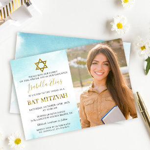 Waterverf Pastel Blue Bat Mitzvah Foto Kaart