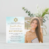 Waterverf Pastel Blue Bat Mitzvah Foto Kaart (Staand voorkant)