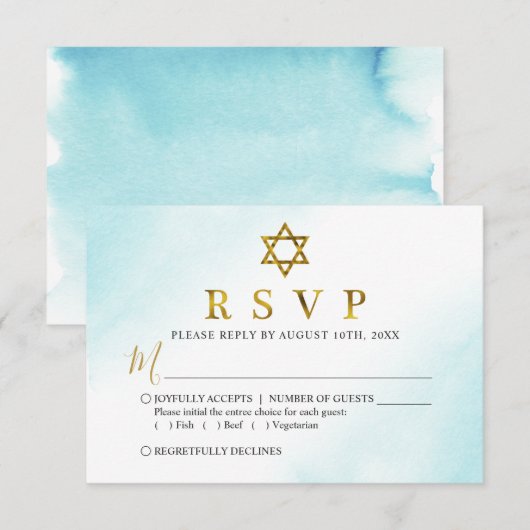 Waterverf Pastel Blue Bat Mitzvah RSVP-kaart RSVP Kaartje (Voorkant / Achterkant)