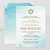 Waterverf Pastel Blue Gold Bar Mitzvah Uitnodiging (Voorkant / Achterkant)