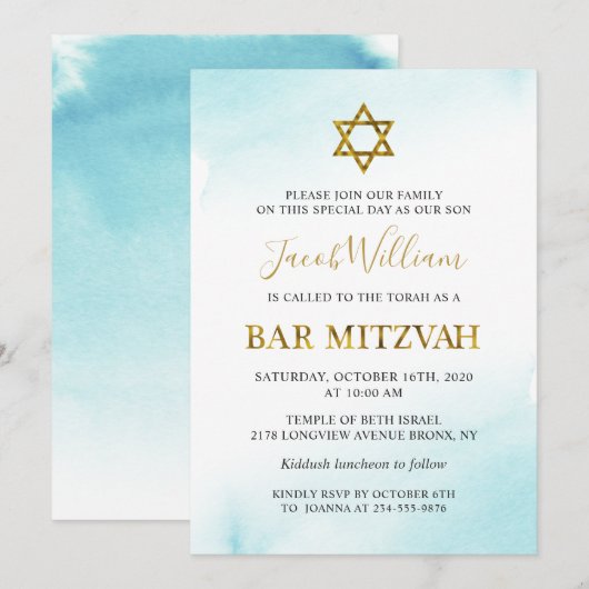 Waterverf Pastel Blue Gold Bar Mitzvah Uitnodiging (Voorkant / Achterkant)