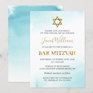 Waterverf Pastel Blue Gold Bar Mitzvah Uitnodiging