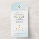 Waterverf Pastel Blue Gold Bat Mitzvah All In One Uitnodiging (Binnen)