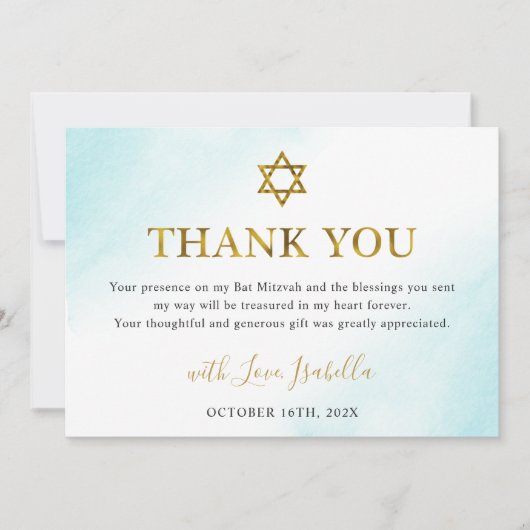 Waterverf Pastel Blue Gold Bat Mitzvah Bedankkaart (Voorkant)