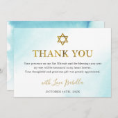 Waterverf Pastel Blue Gold Bat Mitzvah Bedankkaart (Voorkant / Achterkant)