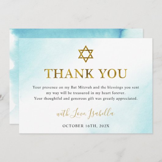 Waterverf Pastel Blue Gold Bat Mitzvah Bedankkaart (Voorkant / Achterkant)
