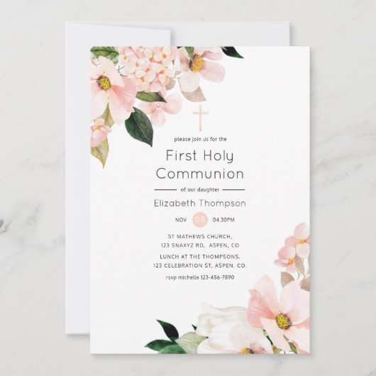 Waterverf Pastel Blush Pink Floral Heilige Communi Kaart (Voorkant)