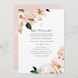 Waterverf Pastel Blush Roze Bloemen Bat Mitzvah Kaart