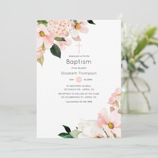 Waterverf Pastel Blush Roze Bloemen Doop Kaart (Staand voorkant)