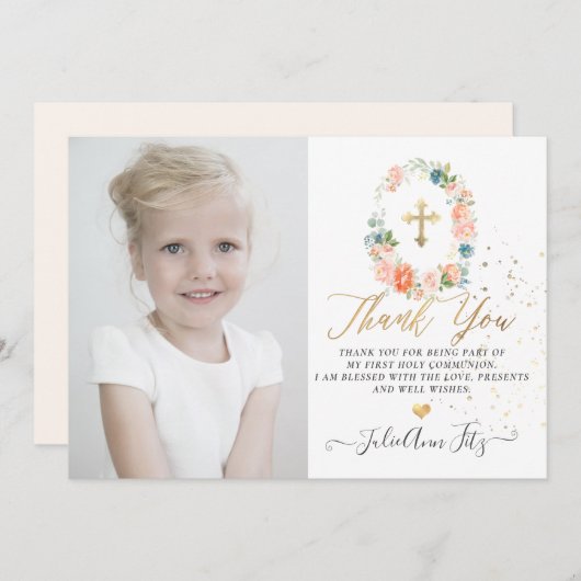 Waterverf Pastel Blush Rozen Communie Dank u Kaart (Voorkant / Achterkant)