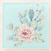 Waterverf Pastel Cactus en roze ventiel Glazen Onderzetter (Voorkant)