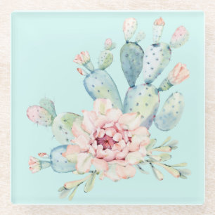Waterverf Pastel Cactus en roze ventiel Glazen Onderzetter