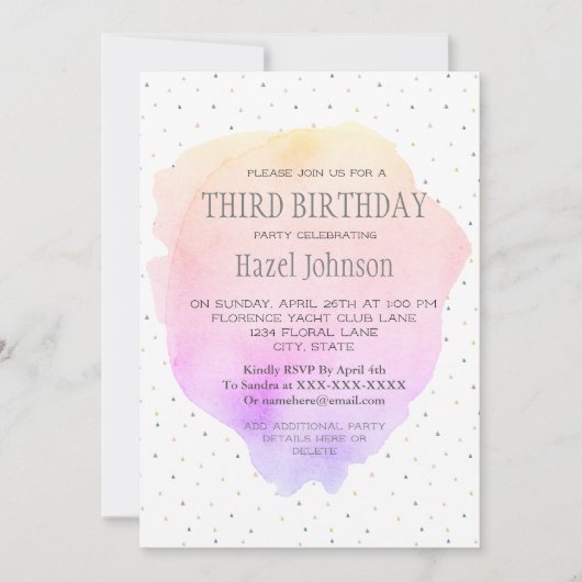 Waterverf Pastel  Derde verjaardag Uitnodiging (Voorkant)