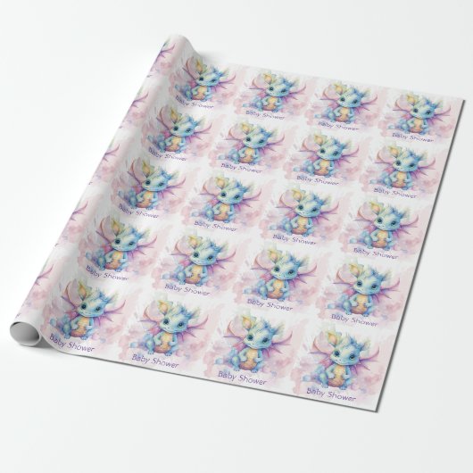 Waterverf Pastel Dragon Meisje Baby shower Cadeaupapier (Uitgerold)