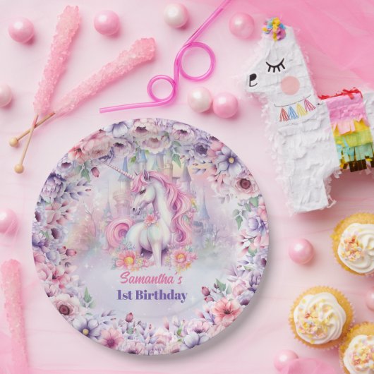 Waterverf Pastel Eenhoorn en Sprookjeskasteel Papieren Bordje (Feest)