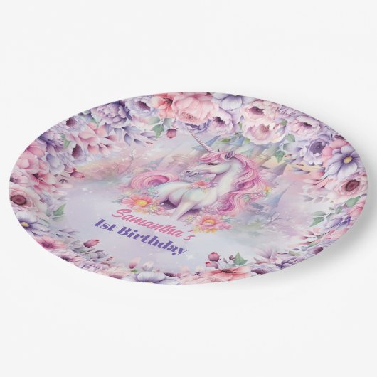 Waterverf Pastel Eenhoorn en Sprookjeskasteel Papieren Bordje (Gekanteld)