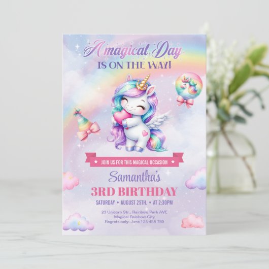 Waterverf pastel eenhoorn met regenboog en hart kaart (Staand voorkant)