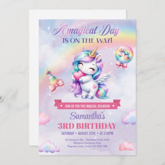 Waterverf pastel eenhoorn met regenboog en hart kaart (Voorkant / Achterkant)