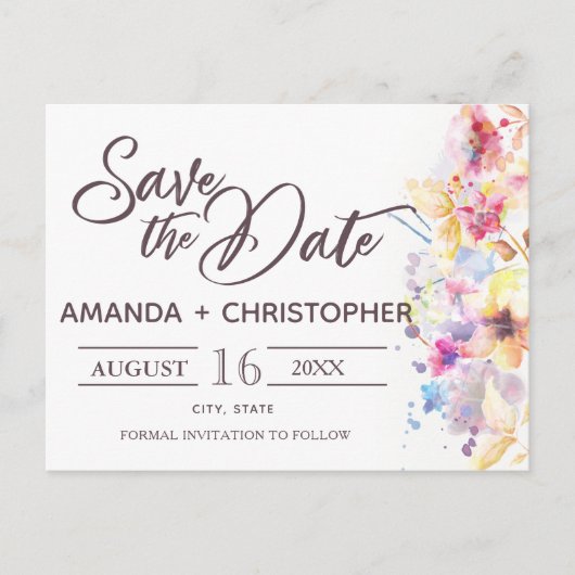 Waterverf Pastel Floral | Briefkaart Datum opslaan (Voorkant)