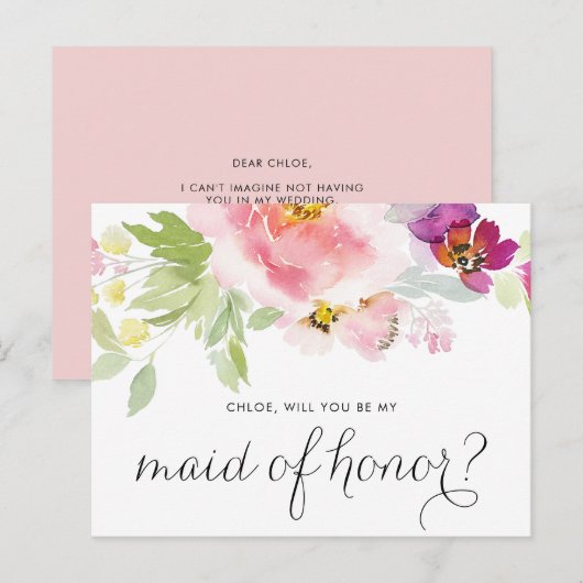 Waterverf Pastel Floral is mijn dienstmeisje van d Uitnodiging Briefkaart (Voorkant / Achterkant)