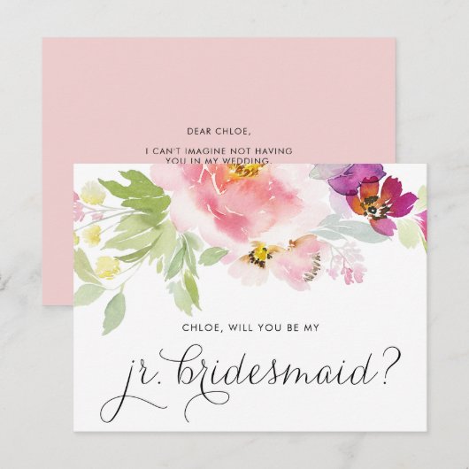 Waterverf Pastel Floral is mijn JR Bridesmaid Kaar Uitnodiging Briefkaart (Voorkant / Achterkant)