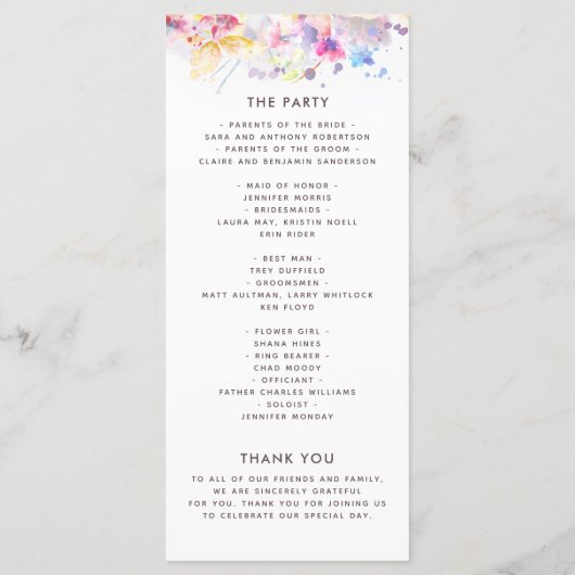 Waterverf Pastel Floral Wedding Programme Programmakaart (Achterkant)