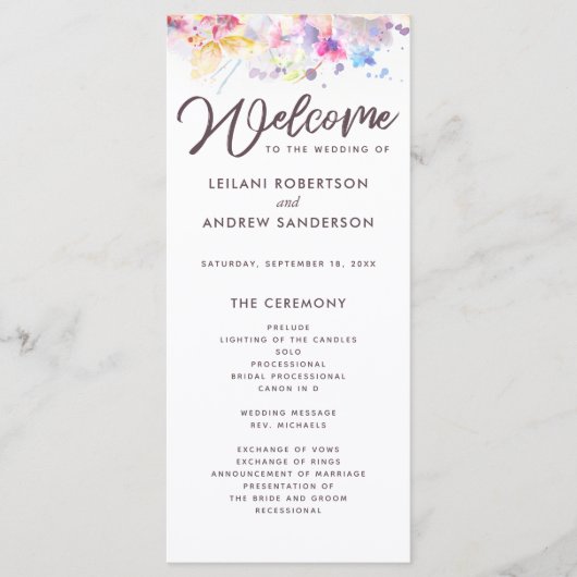Waterverf Pastel Floral Wedding Programme Programmakaart (Voorkant)