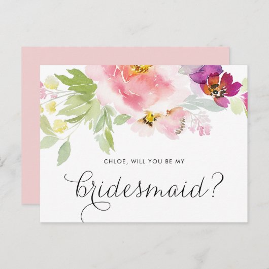 Waterverf Pastel Floral zal je mijn Bridesmaid zij Uitnodiging Briefkaart (Voorkant / Achterkant)