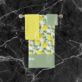 Waterverf pastel groen geel citroenmotief naam bad handdoek