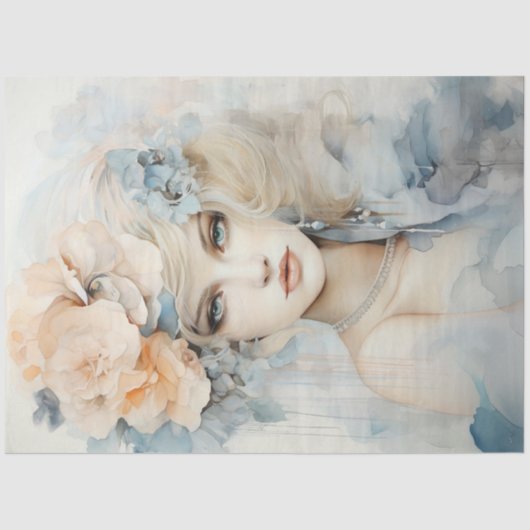 Waterverf pastel groen perzik retro vrouwenportret tissuepapier (Voorkant)