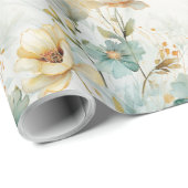 Waterverf pastel groen wit goud wilde bloemen cadeaupapier (Rol Hoek)