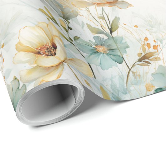 Waterverf pastel groen wit goud wilde bloemen cadeaupapier (Rol Hoek)