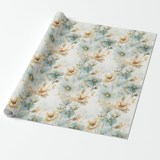 Waterverf pastel groen wit goud wilde bloemen cadeaupapier (Uitgerold)
