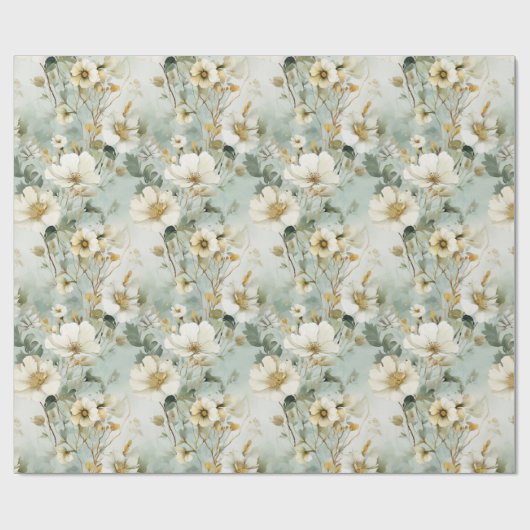 Waterverf pastel groene en witte wilde bloemen cadeaupapier (Vlak)