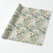 Waterverf pastel groene en witte wilde bloemen cadeaupapier (Uitgerold)