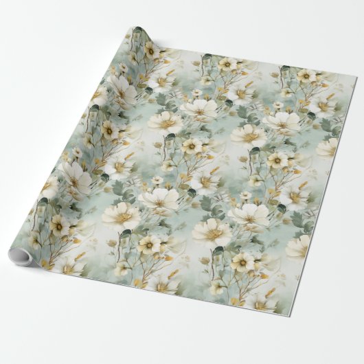 Waterverf pastel groene en witte wilde bloemen cadeaupapier (Uitgerold)