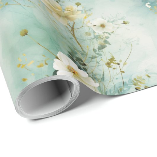 Waterverf pastel groene en witte wilde bloemen cadeaupapier (Rol Hoek)