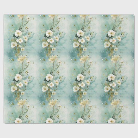 Waterverf pastel groene en witte wilde bloemen cadeaupapier (Vlak)