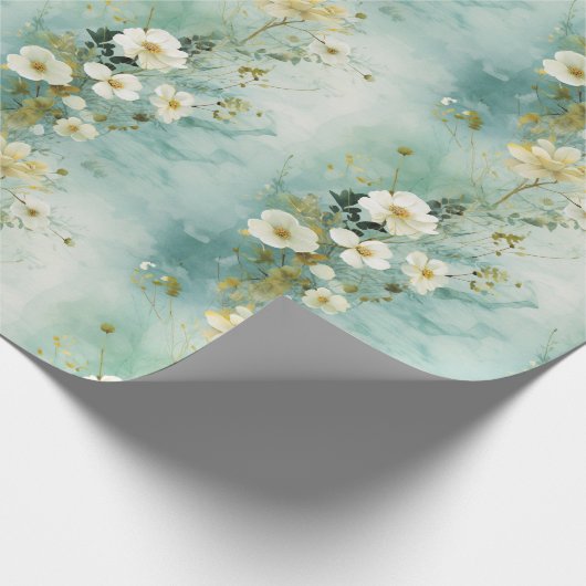 Waterverf pastel groene en witte wilde bloemen cadeaupapier (Hoek)