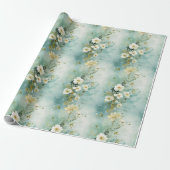 Waterverf pastel groene en witte wilde bloemen cadeaupapier (Uitgerold)