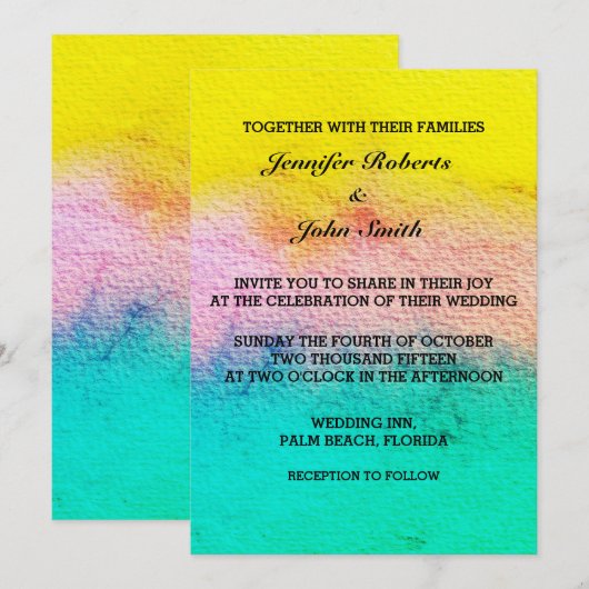 Waterverf Pastel Kleur Blauwgroen Geel Modern Huwe Kaart (Voorkant / Achterkant)