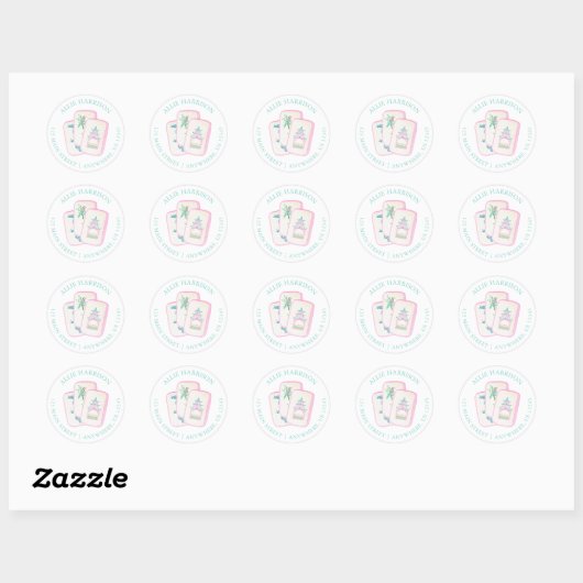 Waterverf Pastel Mahjong Tegels Retouradres Ronde Sticker (Vel)