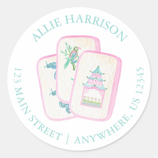 Waterverf Pastel Mahjong Tegels Retouradres Ronde Sticker (Voorkant)