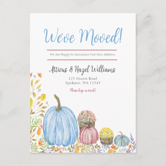 Waterverf pastel mama's, pompoenen herfst verplaat aankondigingskaart (Voorkant)