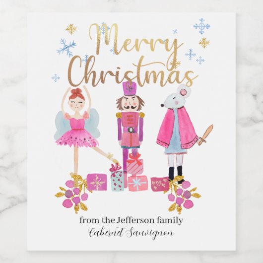 Waterverf Pastel Nutkraker Kerstmis Wijn Etiket (Enkel label)