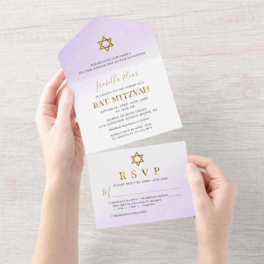 Waterverf Pastel Paars Goud Bat Mitzvah All In One Uitnodiging (Afscheurbaar)